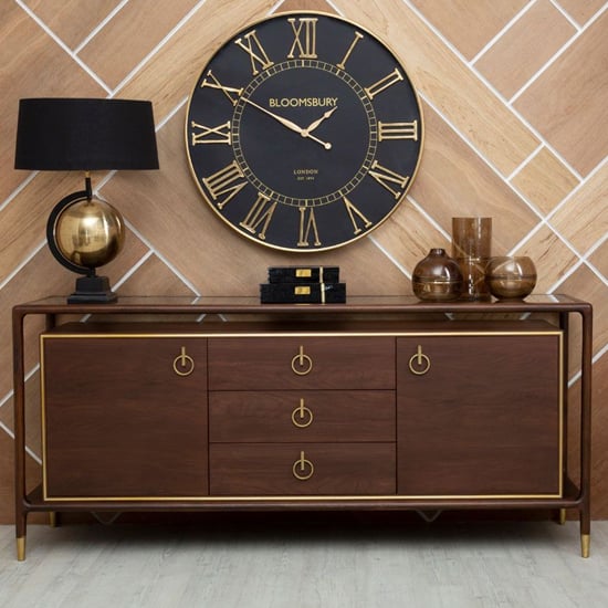 Leno Wooden Sideboard With 3 Drawer 2 Door In Walnut And Brass