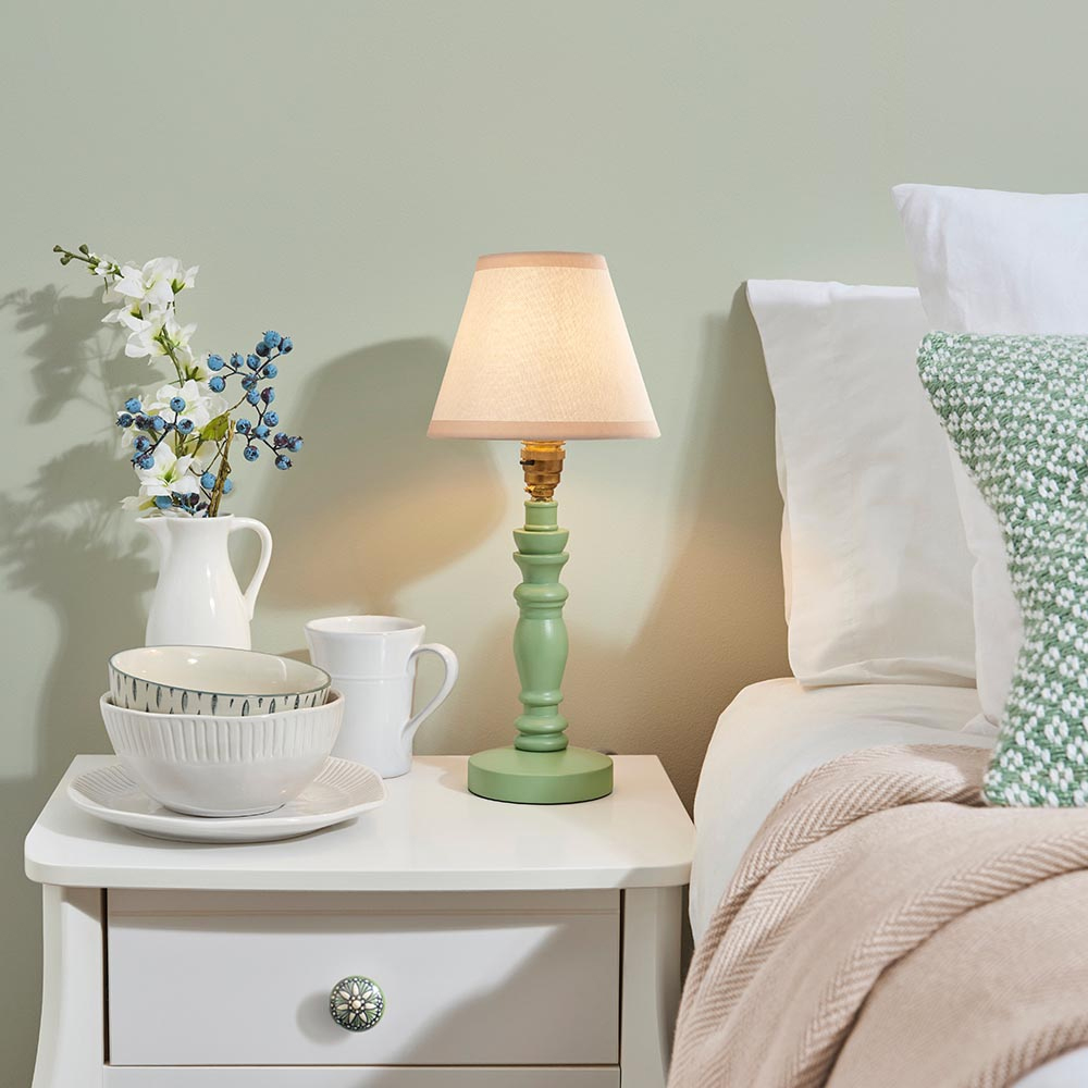 Read more about Lenoir vintage white 16cm shade wood table lamp in cotswold green