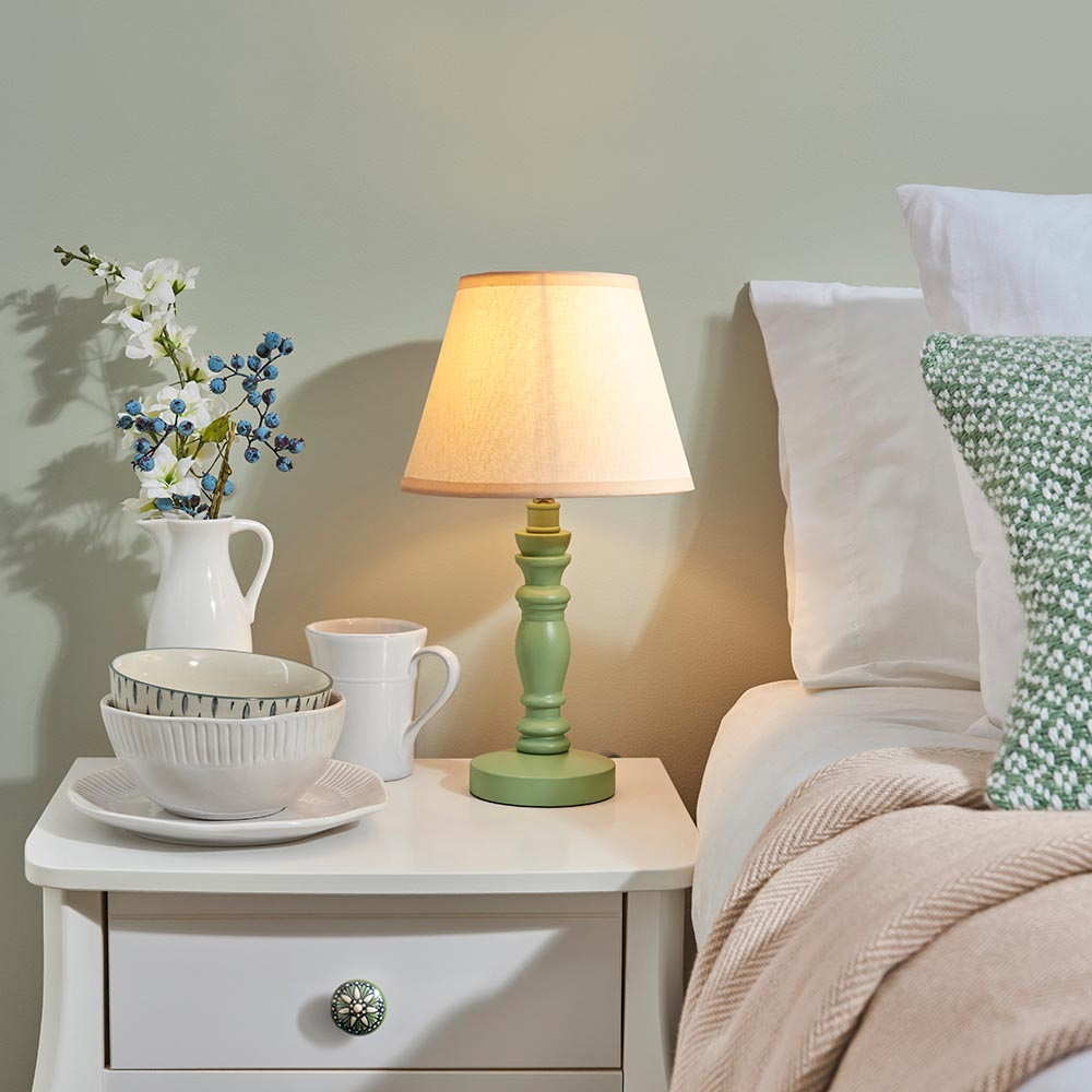 Read more about Lenoir vintage white 20cm shade wood table lamp in cotswold green