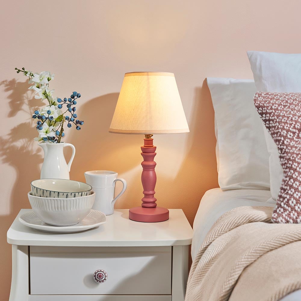 Read more about Lenoir vintage white 20cm shade wood table lamp in pink clay