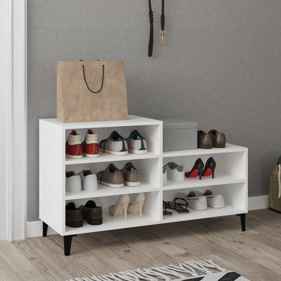 Read more about Lenoir wooden shoe storage rack with 5 shelves in white