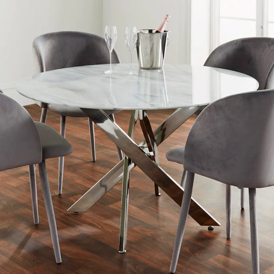 Product photograph of Lenox Marble Glass Dining Table Round With Silver Legs from Furniture in Fashion