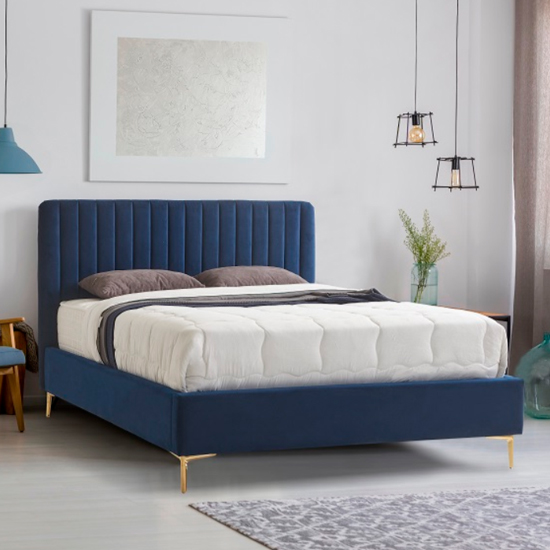 Read more about Lenox velvet fabric double bed in blue with gold metal legs