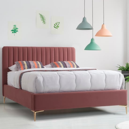 Lenox Velvet Fabric Double Bed In Blush With Gold Metal Legs