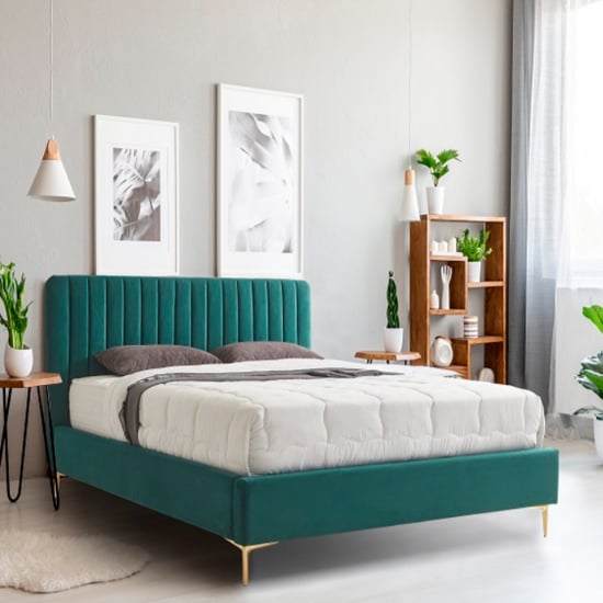 Product photograph of Lenox Velvet Fabric Double Bed In Green With Gold Metal Legs from Furniture in Fashion
