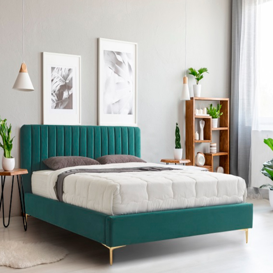 Read more about Lenox velvet fabric double bed in green with gold metal legs