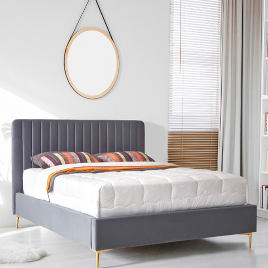 Lenox Velvet Fabric Double Bed In Grey With Gold Metal Legs