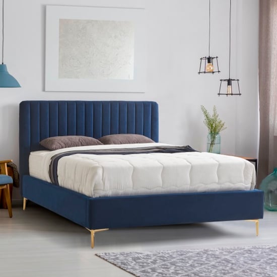 Photo of Lenox velvet fabric king size bed in blue with gold metal legs
