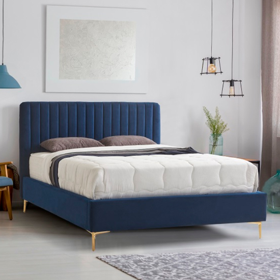 Product photograph of Lenox Velvet Fabric King Size Bed In Blue With Gold Metal Legs from Furniture in Fashion