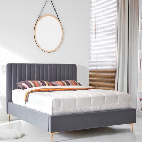 Product photograph of Lenox Velvet Fabric King Size Bed In Grey With Gold Metal Legs from Furniture in Fashion