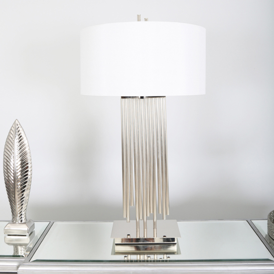 Photo of Lenox white faux silk shade table lamp with nickel metal base