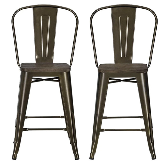 Lenox Wooden Bar Chairs With Bronze Metal Frame In Pair