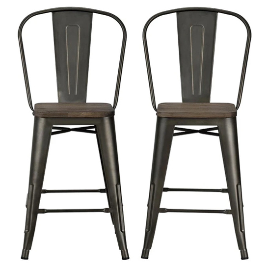 Lenox Wooden Bar Chairs With Copper Metal Frame In Pair