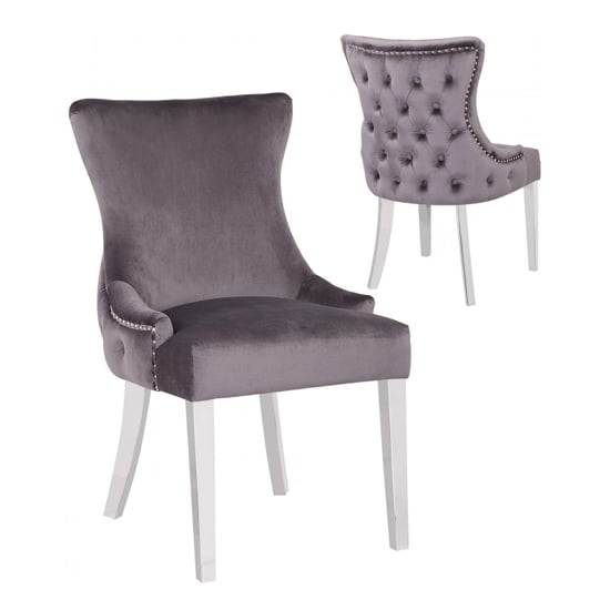 Leo Dark Grey Velvet Dining Chairs In Pair Sale