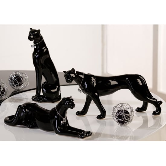 Leo Leopard Porcelain Set Of 3 Design Sculpture In Shiny Black