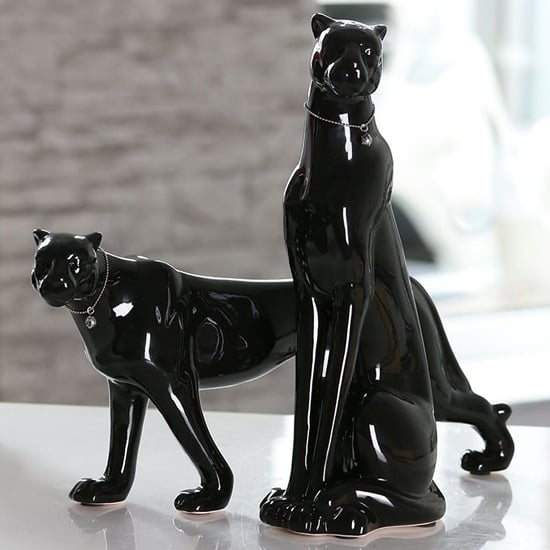 Product photograph of Leo Leopard Porcelain Set Of 2 Design Sculpture In Shiny Black from Furniture in Fashion