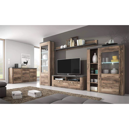 Leon Wooden Display Cabinet Tall With 1 Doors In Satin Oak