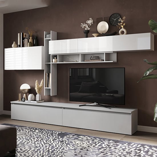 Leilexi High Gloss Entertainment Unit In Bianco And Gesso