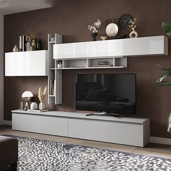Read more about Leilexi high gloss entertainment unit in bianco and gesso