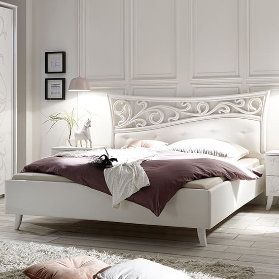 Lerso Faux Leather Double Bed In White, White Faux Leather Double Bed Headboard