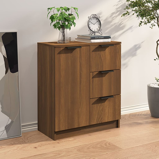 Leslie Wooden Sideboard With 1 Door 3 Drawers In Brown Oak thumbnail