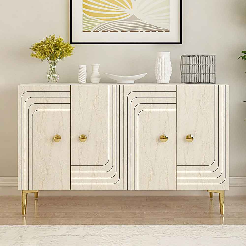 Lessi Wooden Sideboard with 4 Doors in White and Travertine Marble Effect