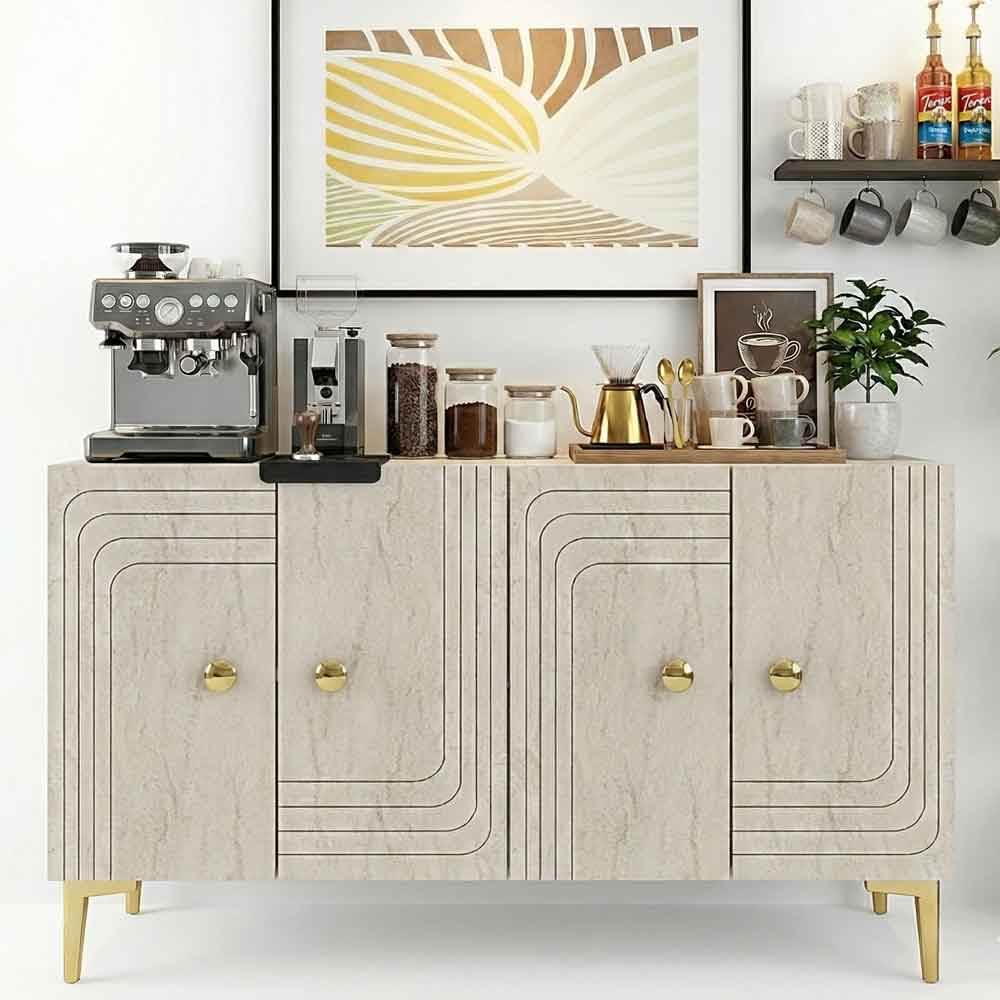 Lessi Wooden Sideboard with 4 Doors in White and Travertine Marble Effect