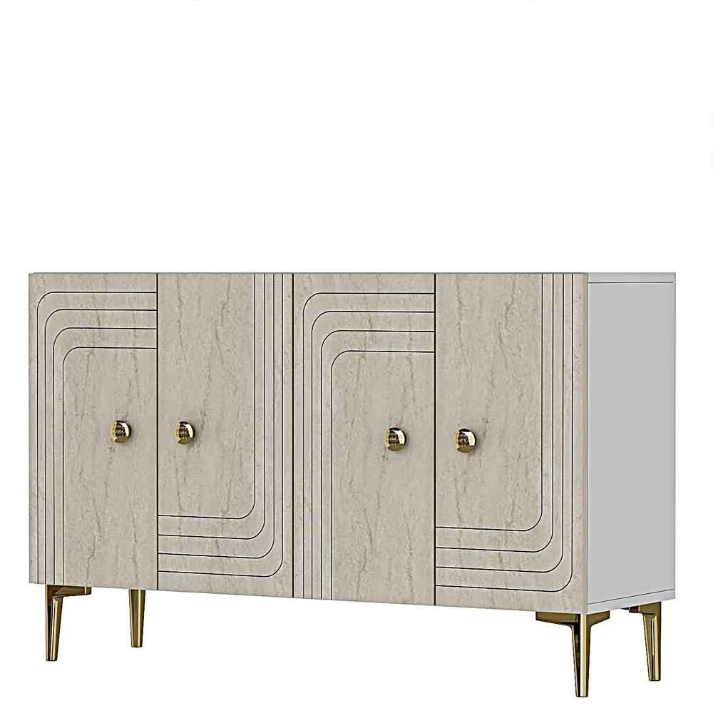 Lessi Wooden Sideboard with 4 Doors in White and Travertine Marble Effect