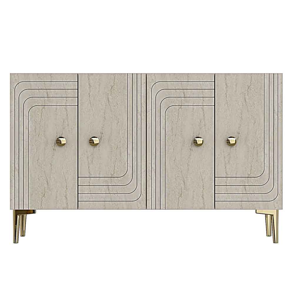 Lessi Wooden Sideboard with 4 Doors in White and Travertine Marble Effect