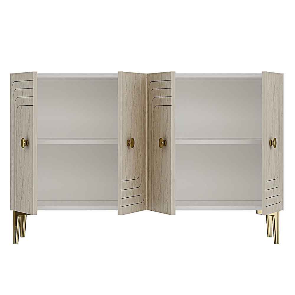Lessi Wooden Sideboard with 4 Doors in White and Travertine Marble Effect