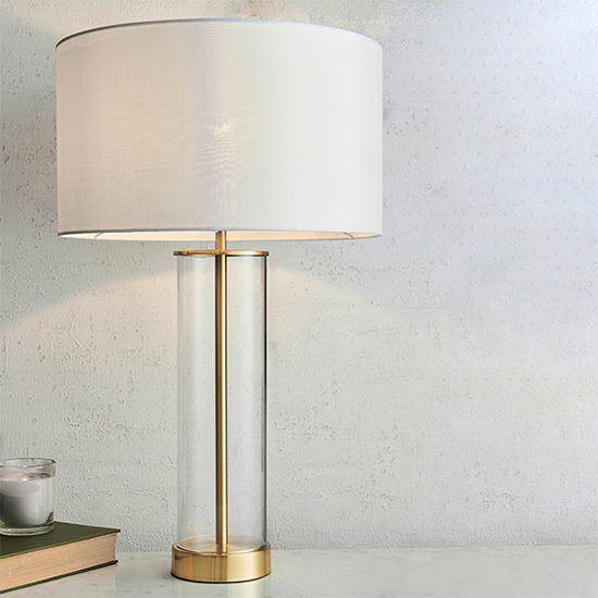 Photo of Lessina vintage white fabric touch table lamp in satin brass