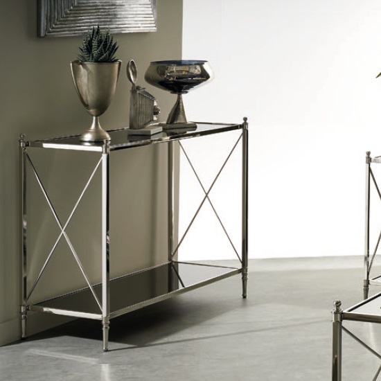 Lester Mirrored Console Table In Black With Nickel Finish Frame
