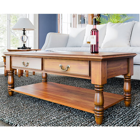 Read more about Leupp wooden 2 drawers coffee table in light brown