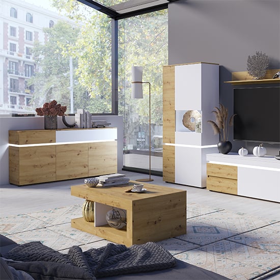 Levy LED Wooden 3 Doors 2 Drawers Sideboard In Oak And White_3