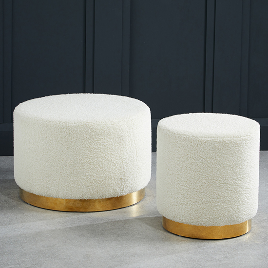 Lewes Large Boucle Fabric Pouffe With Gold Base In Ted White