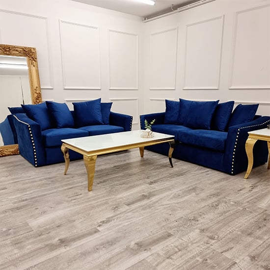Photo of Lewes velvet 3 + 2 seater sofa set in marine blue