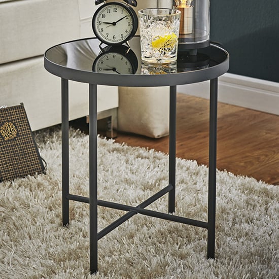 Lewiston Round Black Glass Side Table With Anthracite Legs
