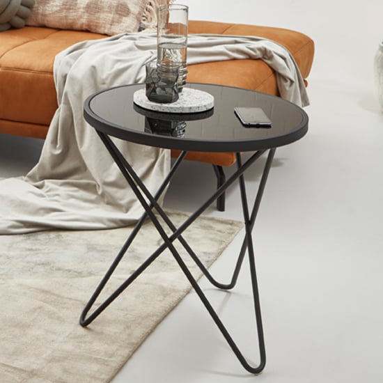 Lewiston Round Glass Side Table With Black Metal Legs