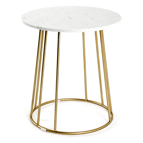 Lewiston Round White Marble Side Table With Gold Metal Frame