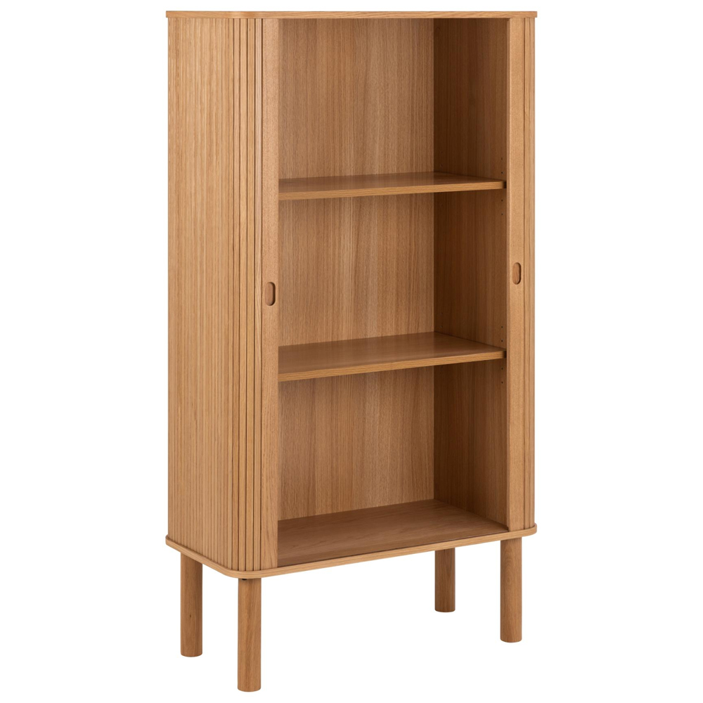Lewiston Tall Wooden Storage Cabinet With 2 Sliding Doors In Oak