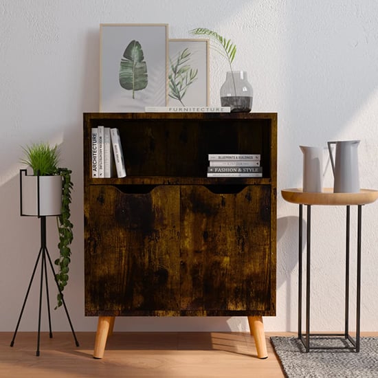 Product photograph of Lexie Wooden Sideboard With 2 Doors 1 Shelf In Smoked Oak from Furniture in Fashion