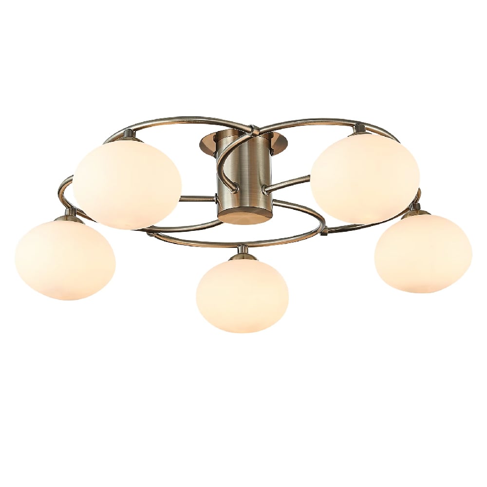 Read more about Leyburn 5 light glass shade flush light in antique brass