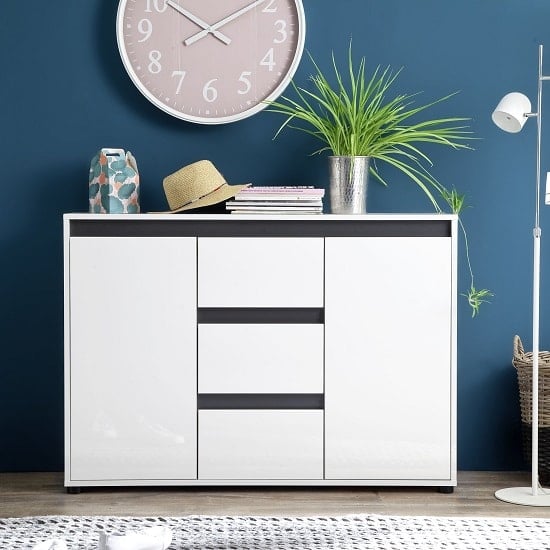 Photo of Leyton sideboard in white with high gloss fronts and grey