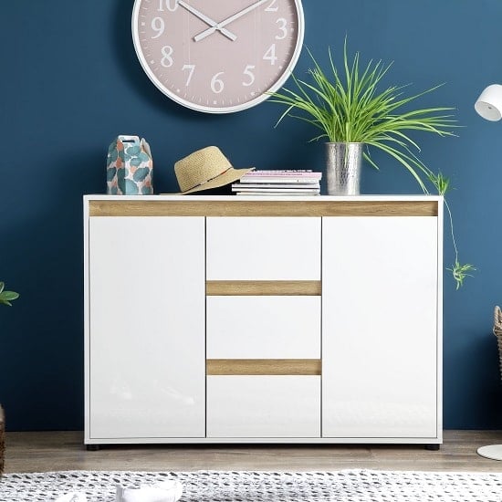 Photo of Leyton sideboard in white with high gloss fronts and oak