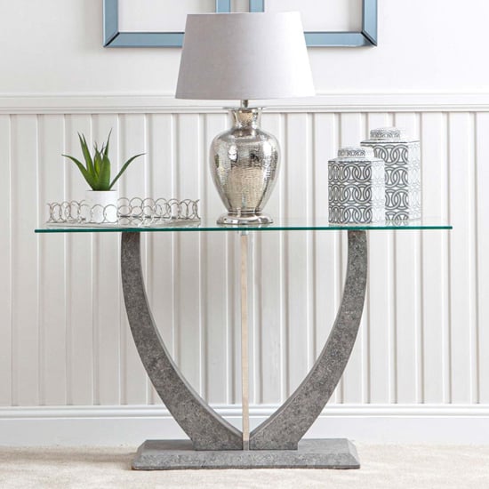 Photo of Liberty clear glass console table with grey wooden base