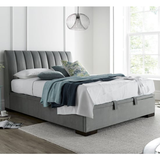 Photo of Liberty velvet plume ottoman king size bed in pale grey