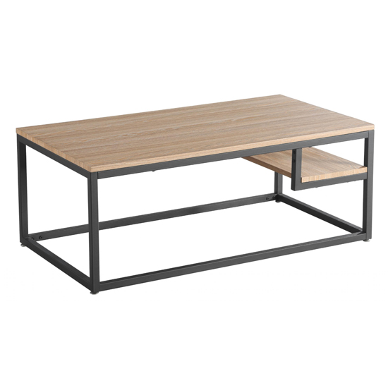 Read more about Layan wooden coffee table with black metal frame in oak effect