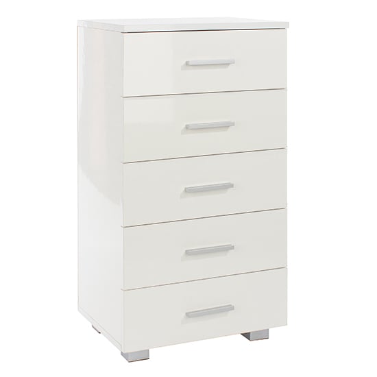 Louth Narrow High Gloss Chest Of 5 Drawers In White_2