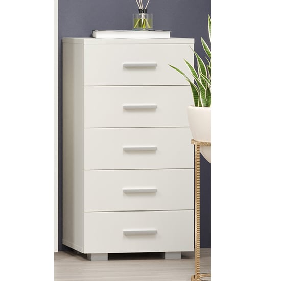 Louth Narrow High Gloss Chest Of 5 Drawers In White_1