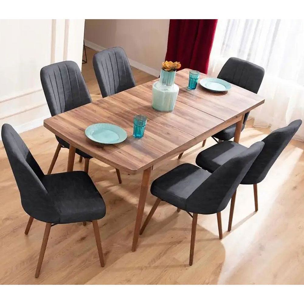 Lidyana Hornbeam Extending Dining Table with 6 Polyester Anthracite Chairs